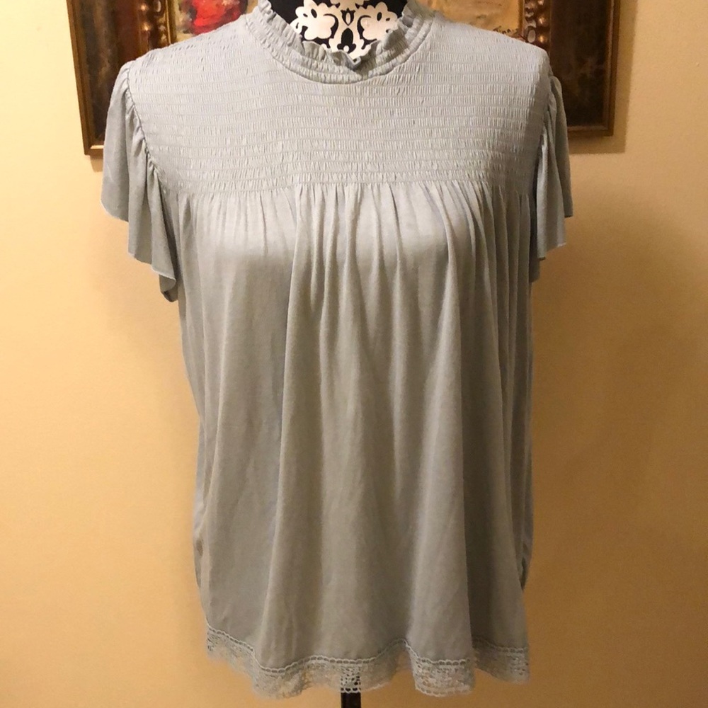 Xhilaration flutter sleeve high ruffle neck upper bodice tucking and crochet hem